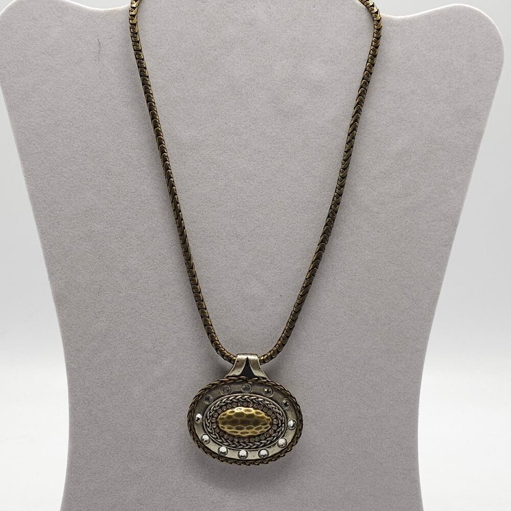 Chicos Gold Tone Statement Necklace With Hammered Oval Pendant Rhinestone